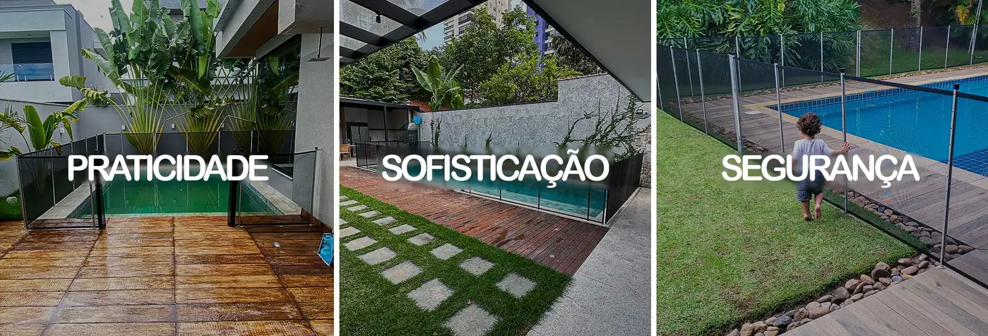 Banner com três piscinas cercadas destacando praticidade, sofisticação e segurança da cerca removível