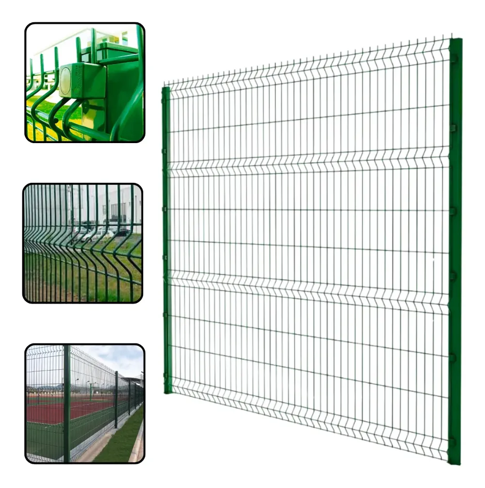 Painel de gradil de ferro verde com poste, usado em cercamento de terrenos e quadras