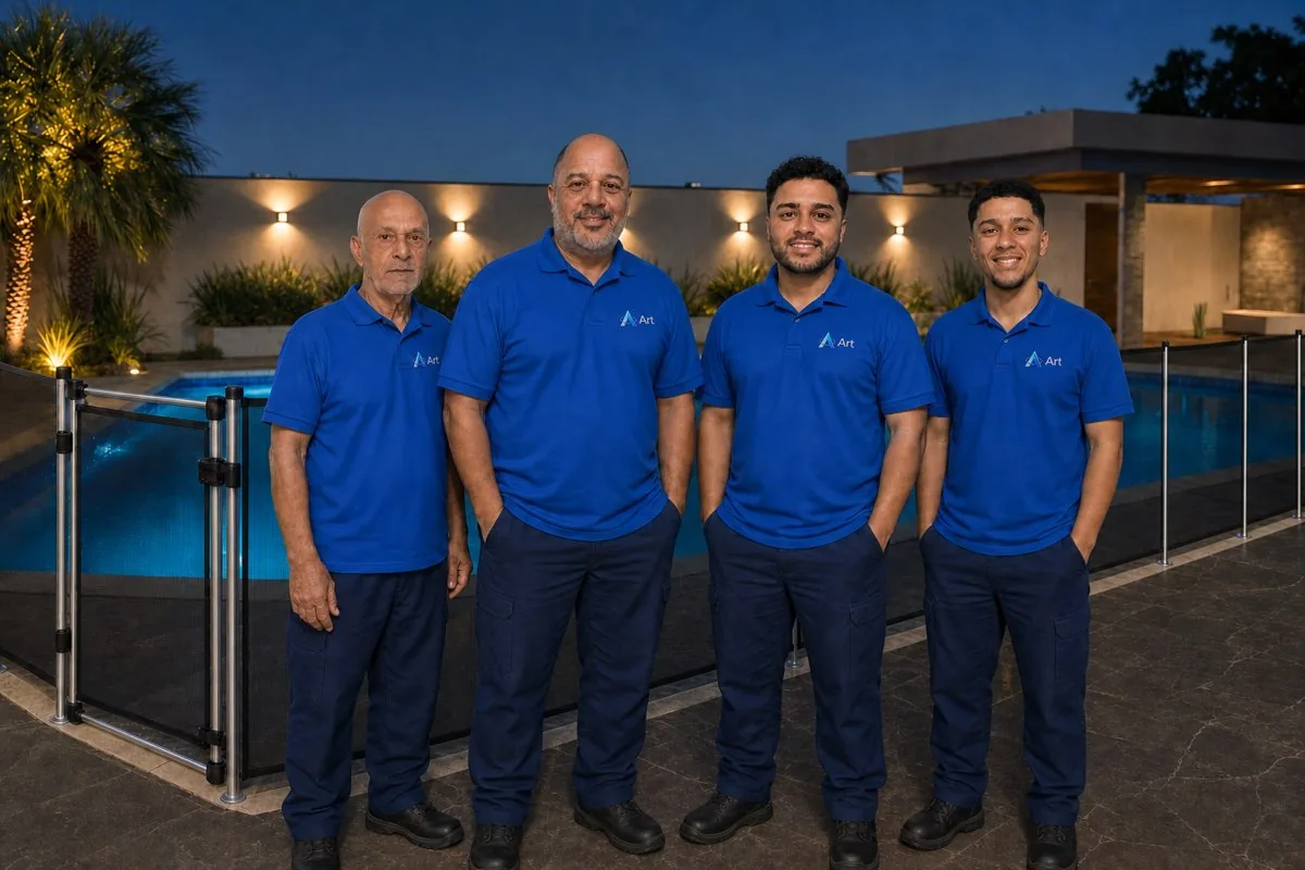 Três gerações da família Art Cercas de camisa polo azul em frente a piscina protegida por cerca removível